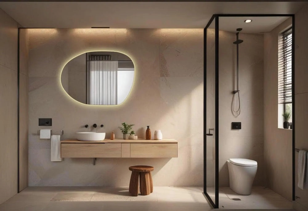 Wavy modern illuminated mirror for home / design LED light mirror / small LED mirror