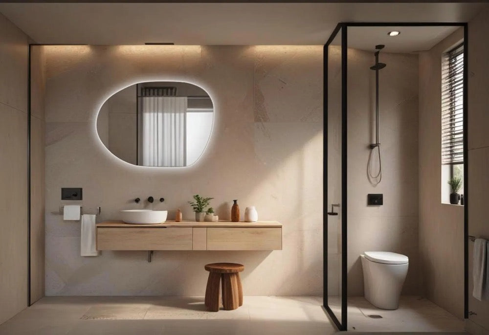 Wavy modern illuminated mirror for home / design LED light mirror / small LED mirror