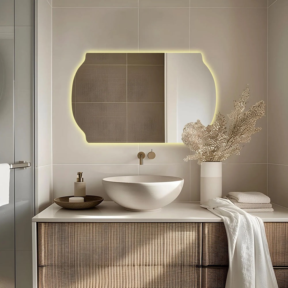 Small LED light Mirror - Square Bathroom Mirror - Irregular light mirror - Large size lighted mirror
