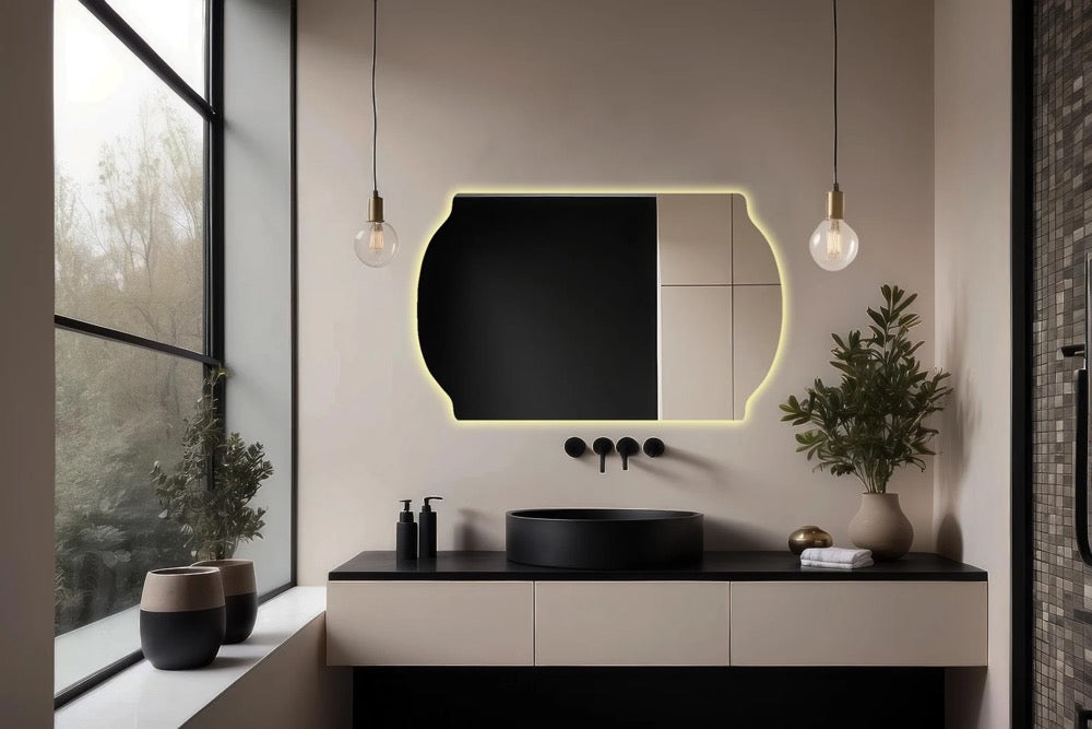 Small LED light Mirror - Square Bathroom Mirror - Irregular light mirror - Large size lighted mirror